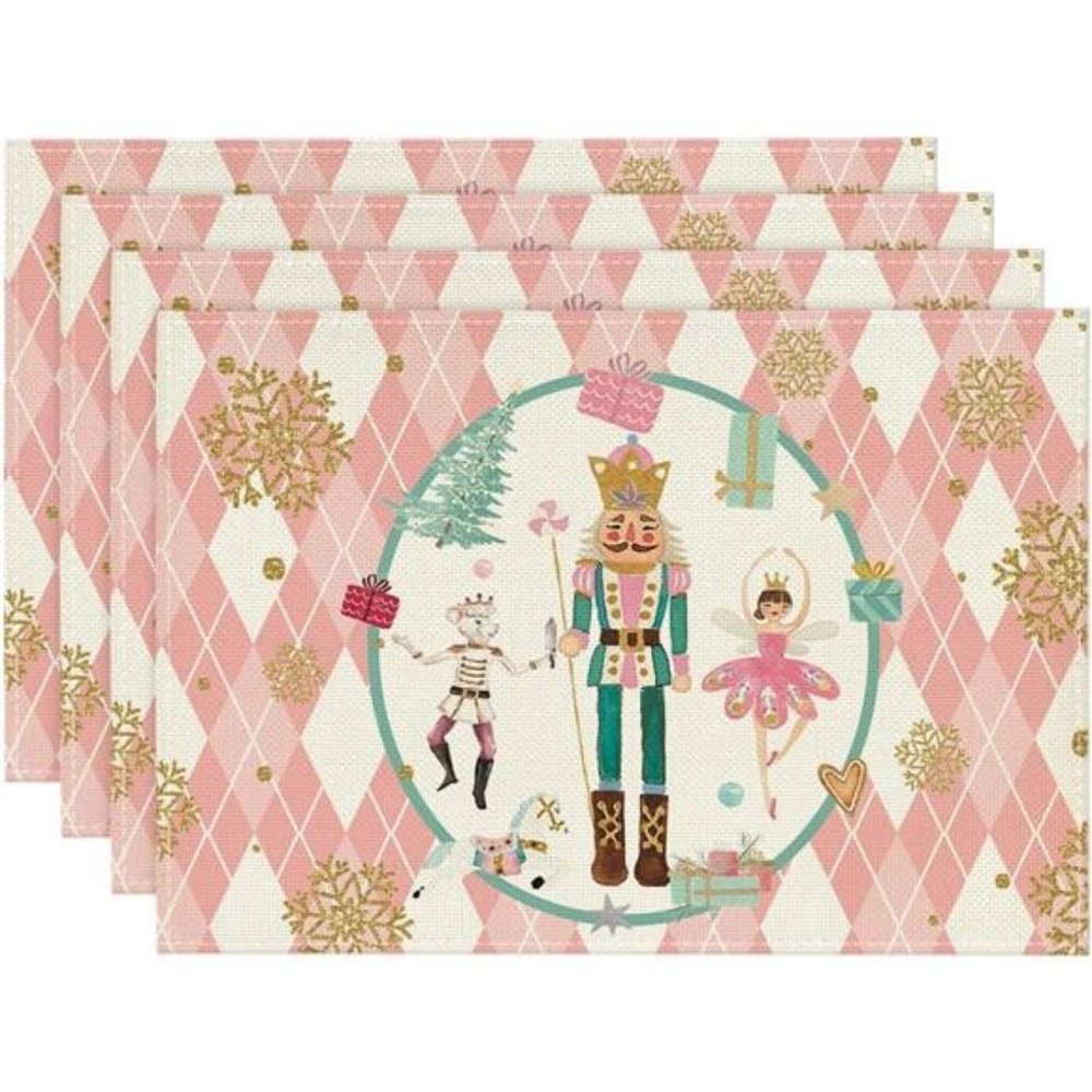 Nutcracker Placemats Christmas Decor Set 4 Pink Xmas Holiday Table Decorations